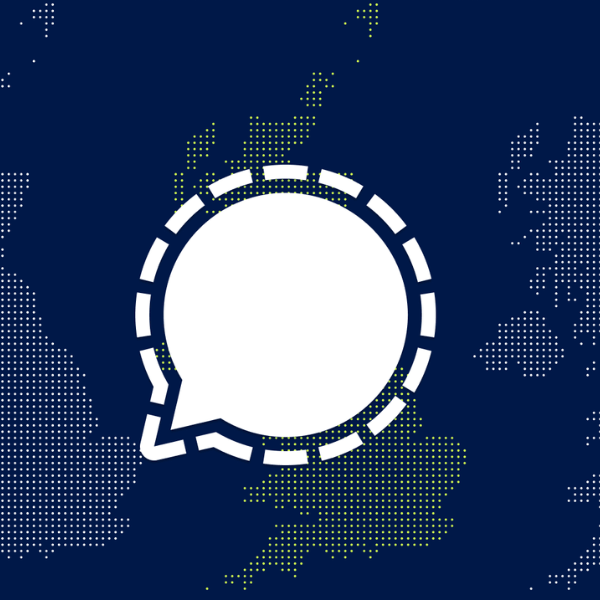 Logo of Signal messaging app over flag of the UK