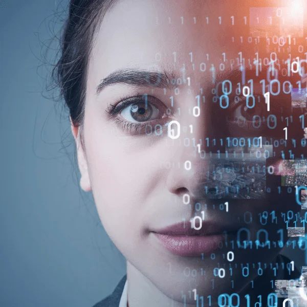 A woman's face in half covered in digital symbols, illustrating AI deep learning concept