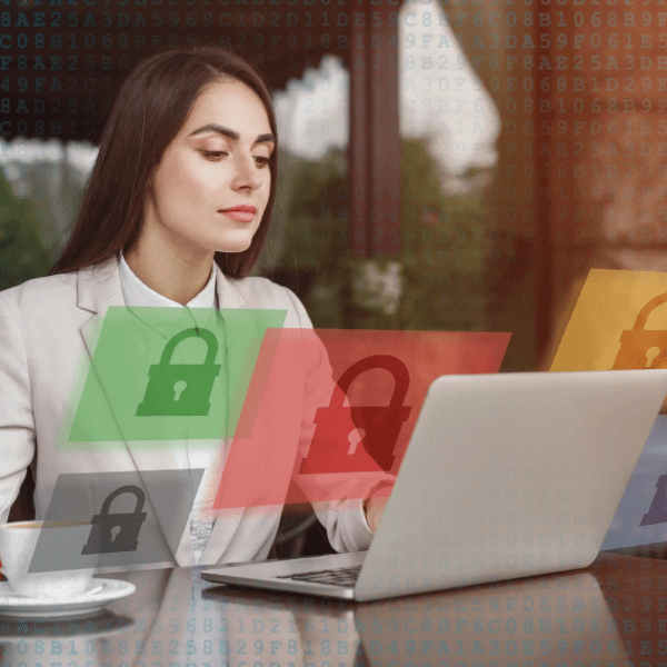 Woman working on a secured laptop
