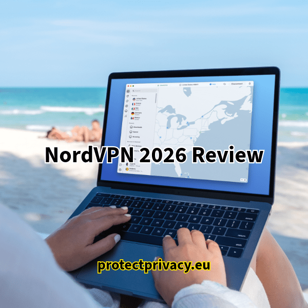 woman using NordVPN on a laptop while relaxing on a beach